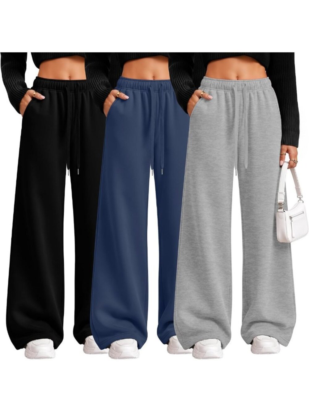3 Pack Women's Wide Leg Jogger Pants - Comfy Straight-Leg Sweatpants Set